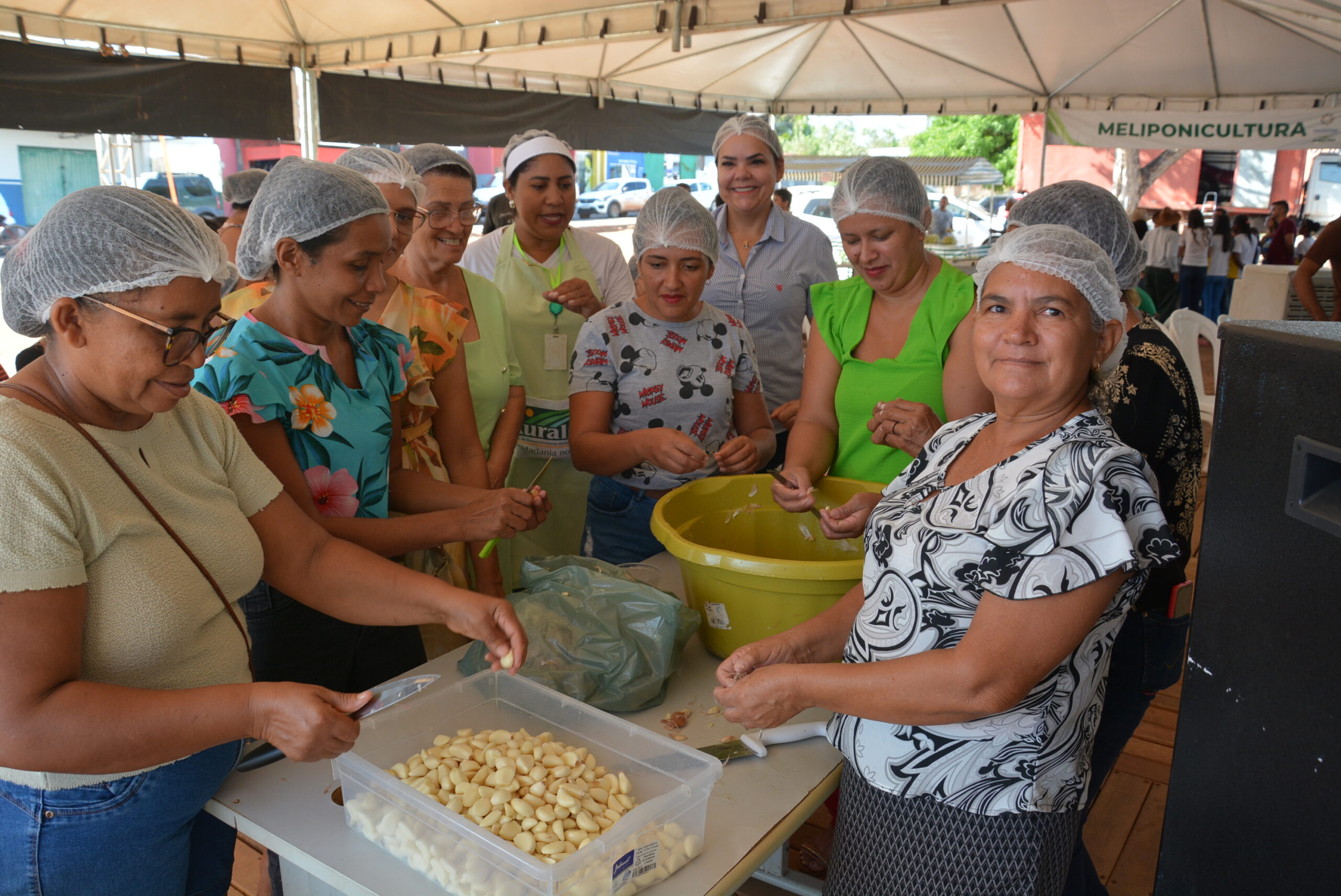 Mulheres engajadas no aprimoramento culinário durante oficina na feira da colheita delfino miranda