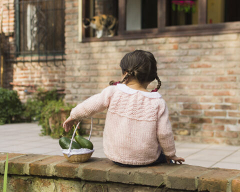 Vista traseira de um menina sentando ligado parede segurando fruta abacate em pequeno cesta.jpg