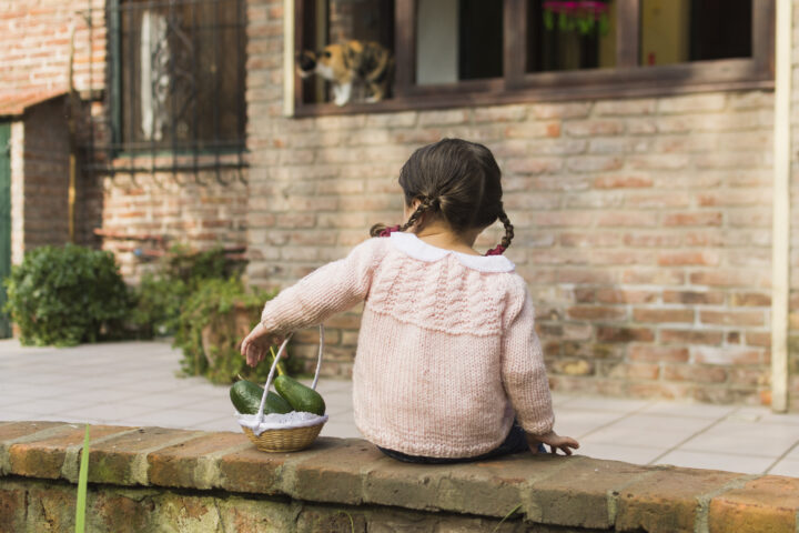 Vista traseira de um menina sentando ligado parede segurando fruta abacate em pequeno cesta.jpg