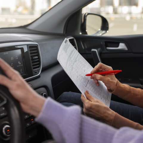 Woman taking her driver s license test vehicle